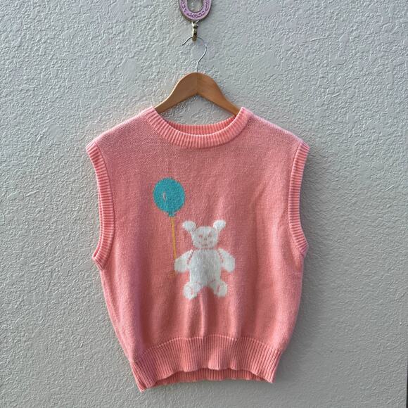 Vintage Coral Pink Teddy Bear Sleeveless Sweater Vest - Picture 1 of 6